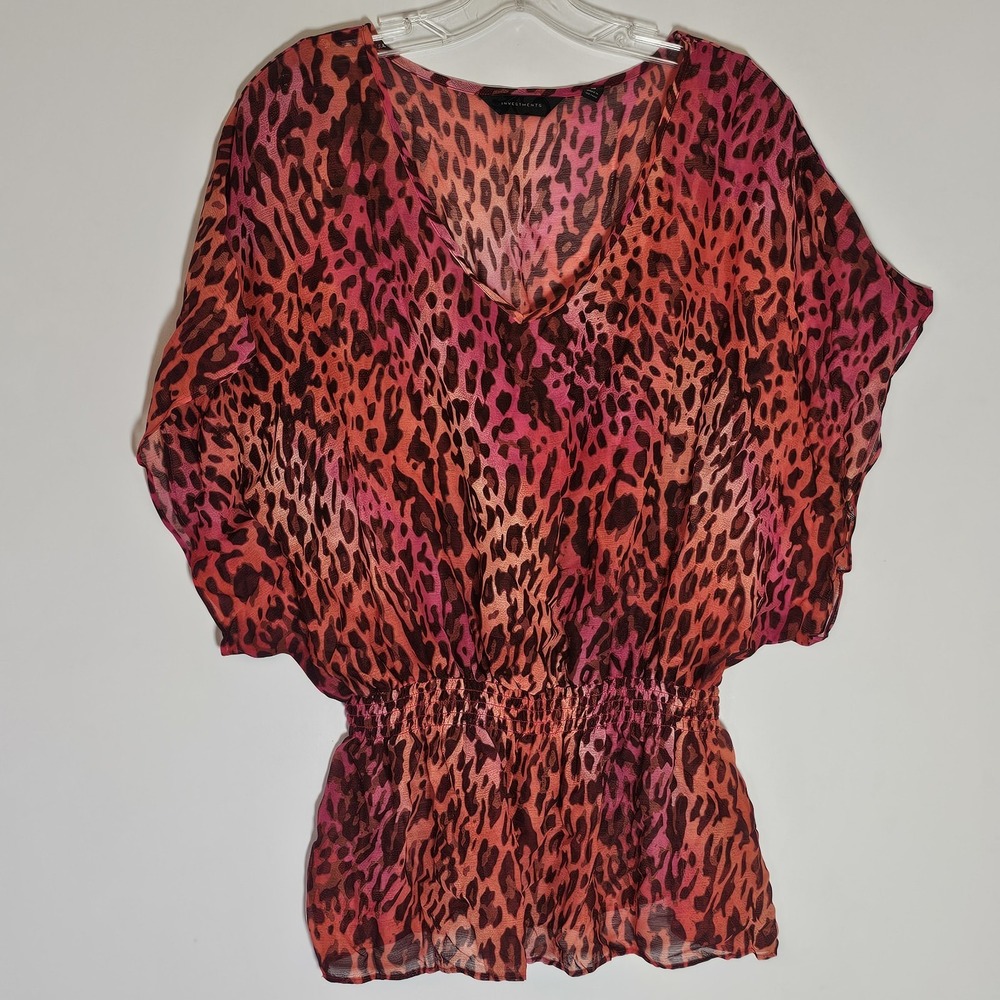 Investments Top Womens Medium Multicolor Leopard Sheer‎ Kimono V Neck Boho Fun M